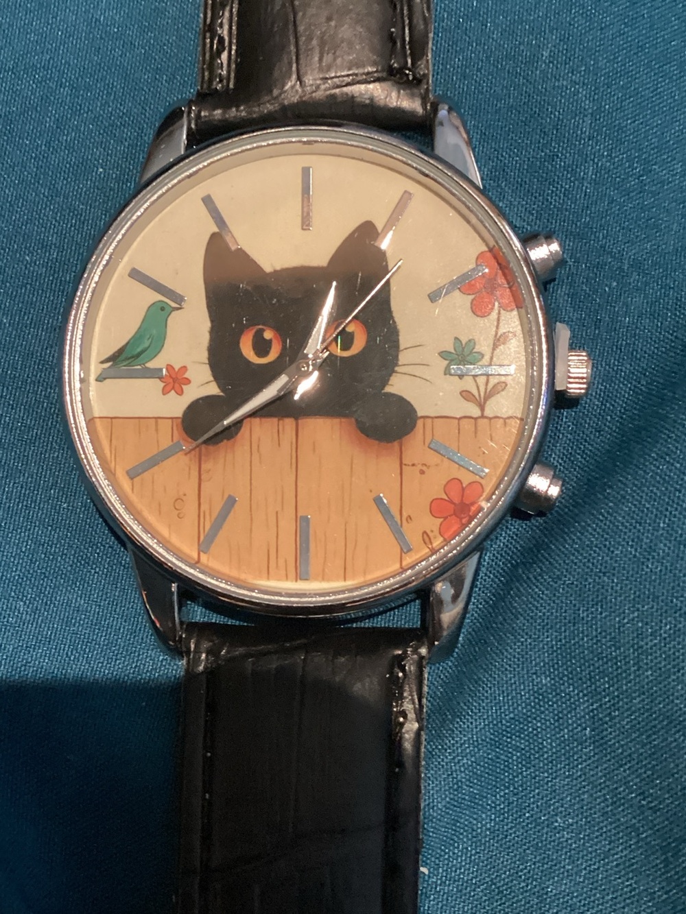 Black Cat Illustration Women's Wristwatch with Black Strap